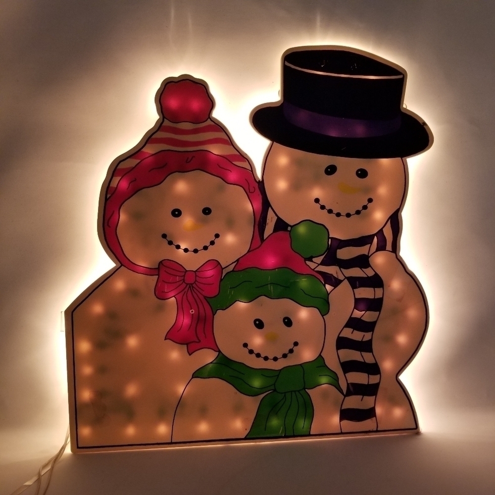 Vintage Lighted Christmas Holiday Window Decor Snowman Family 15.5" Happy Hats